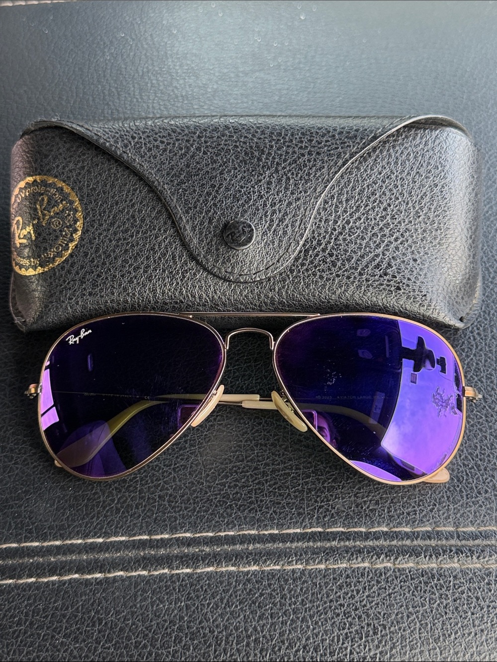 Ray-Ban Gold Aviator Sunglasses with Purple Lenses